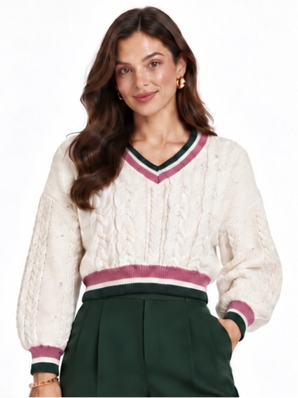 Cider SZ S Cream Cable Knit V-Neck Sweater with Pink & Green Trim/Bust 56”-60”